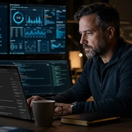CTO analyzing Reddit discussions on a laptop to gather insights for strategic technology decisions.