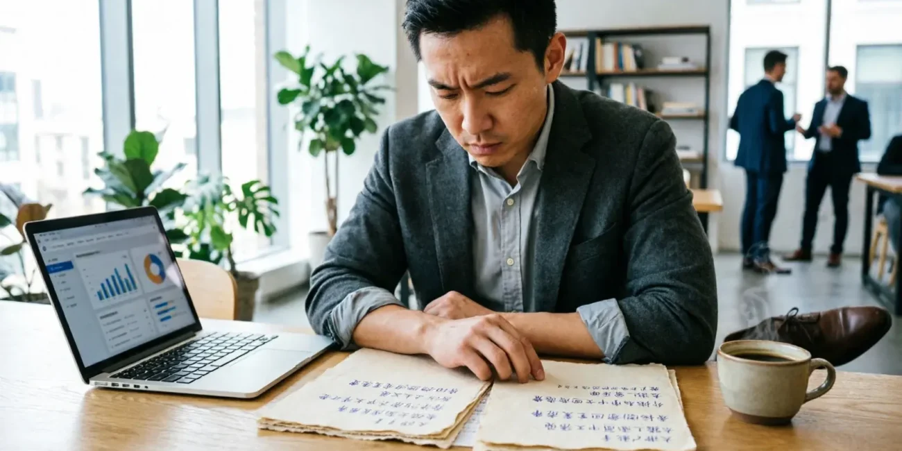 Startup founder reviewing candid feedback notes and analytics on a desk in a modern workspace