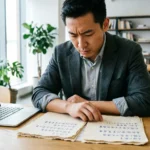 Startup founder reviewing candid feedback notes and analytics on a desk in a modern workspace