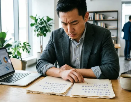 Startup founder reviewing candid feedback notes and analytics on a desk in a modern workspace
