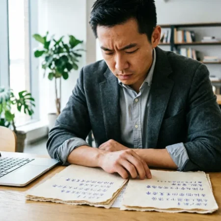Startup founder reviewing candid feedback notes and analytics on a desk in a modern workspace