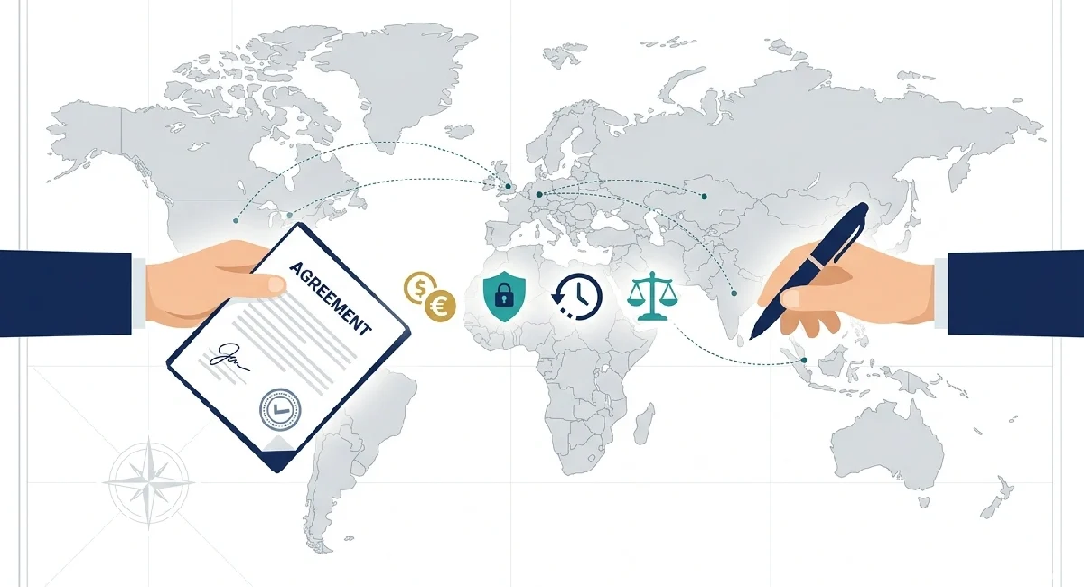 Two people signing an international freelance contract across borders with legal and payment icons