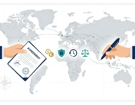 Two people signing an international freelance contract across borders with legal and payment icons