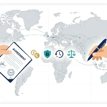 Two people signing an international freelance contract across borders with legal and payment icons