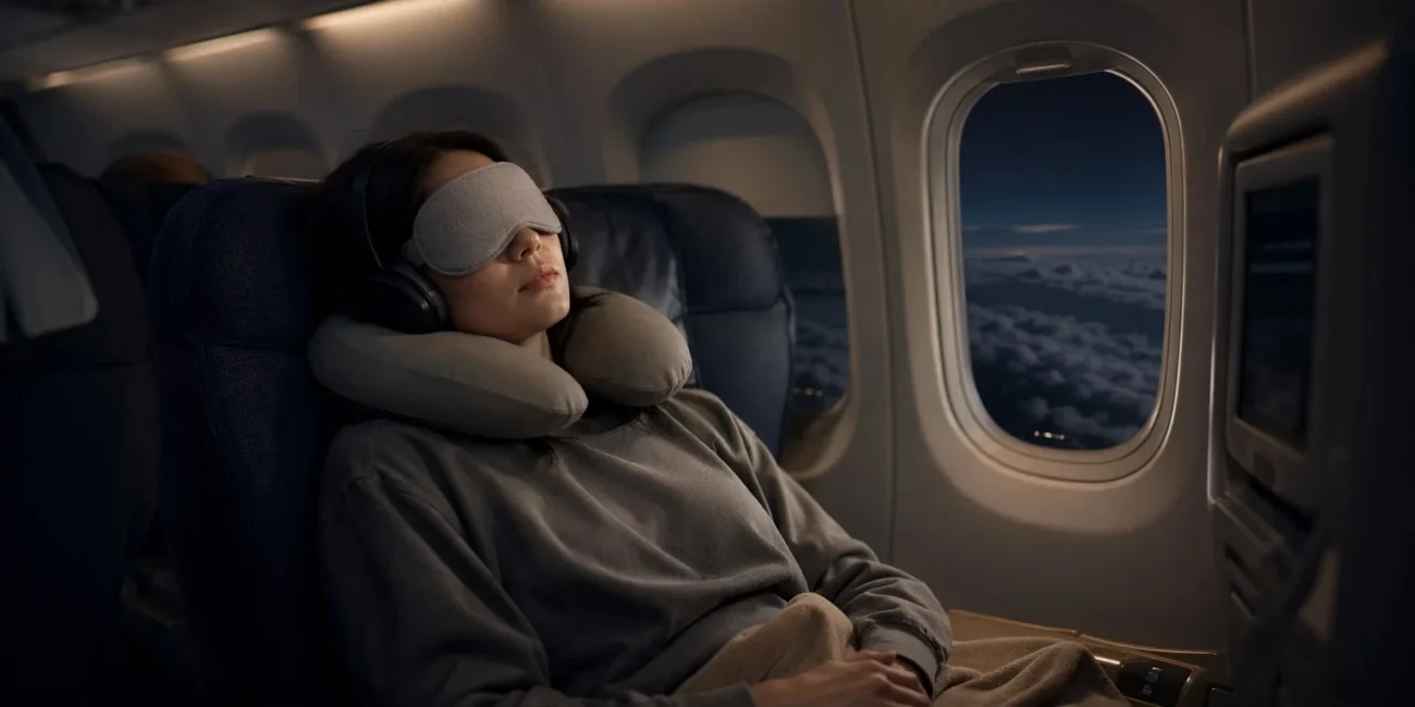A relaxed passenger sleeping comfortably on a long-haul flight with travel essentials like eye mask and neck pillow.