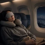 A relaxed passenger sleeping comfortably on a long-haul flight with travel essentials like eye mask and neck pillow.