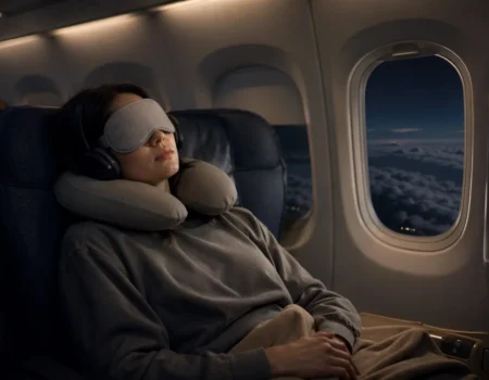 A relaxed passenger sleeping comfortably on a long-haul flight with travel essentials like eye mask and neck pillow.