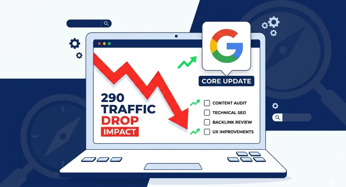 Pages lost traffic after Google core update shown on an analytics dashboard with a downward graph