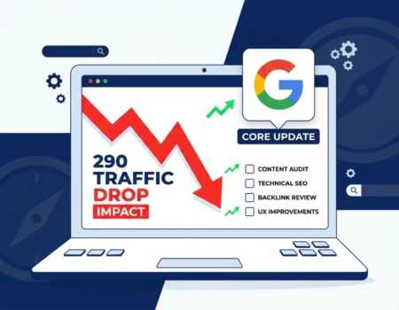 Pages lost traffic after Google core update shown on an analytics dashboard with a downward graph