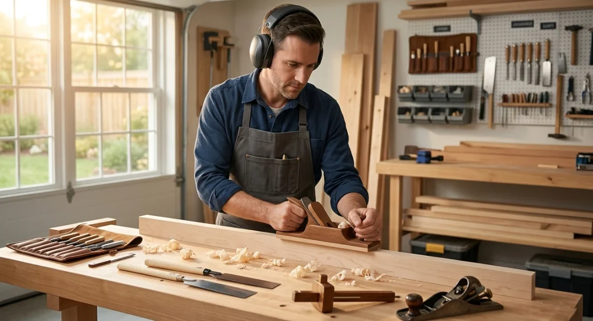 Woodworker wearing over-ear hearing protection in a garage workshop to reduce power tools noise fatigue