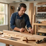 Woodworker wearing over-ear hearing protection in a garage workshop to reduce power tools noise fatigue