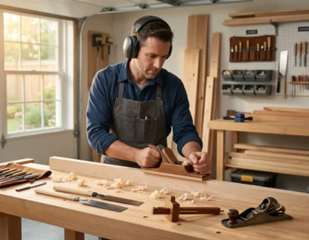 Woodworker experiencing noise fatigue from loud power tools in a workshop, showing the physical and mental exhaustion caused by sustained tool noise and vibration during a long build session