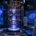 Quantum computing system in 2026 processing complex data in a futuristic lab