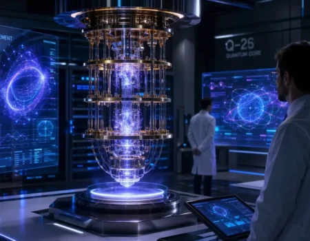 Quantum computing system in 2026 processing complex data in a futuristic lab