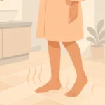 A person enjoys warm feet from radiant floor heating on tile bathroom floors.