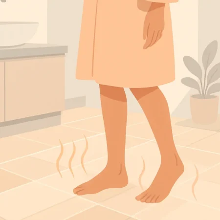 A person enjoys warm feet from radiant floor heating on tile bathroom floors.