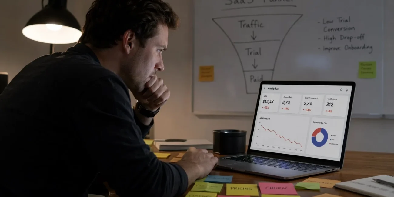 SaaS founder analyzing marketing data and growth metrics while identifying common SaaS marketing pitfalls.