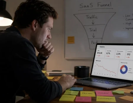 SaaS founder analyzing marketing data and growth metrics while identifying common SaaS marketing pitfalls.