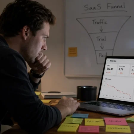 SaaS founder analyzing marketing data and growth metrics while identifying common SaaS marketing pitfalls.