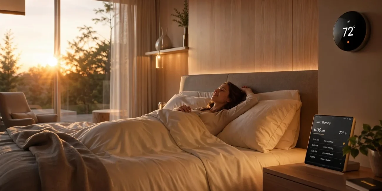 Smart home technology automating lighting and temperature in a modern bedroom