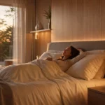 Smart home technology automating lighting and temperature in a modern bedroom