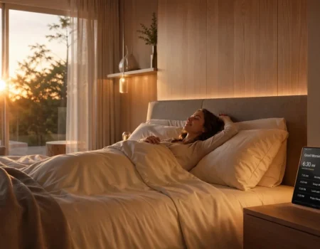 Smart home technology automating lighting and temperature in a modern bedroom