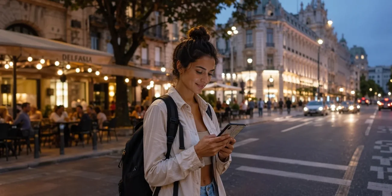 Solo female traveler confidently navigating a foreign city street using her phone in a safe and calm environment.