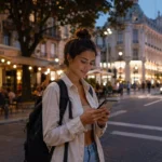 Solo female traveler confidently navigating a foreign city street using her phone in a safe and calm environment.