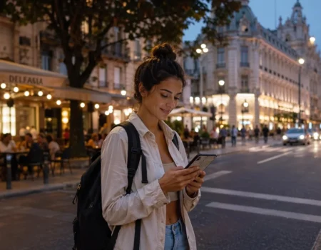 Solo female traveler confidently navigating a foreign city street using her phone in a safe and calm environment.
