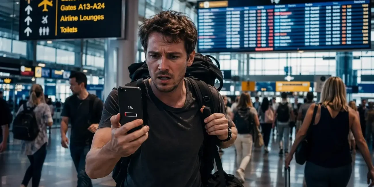 Travel preparation mistake showing stressed traveler rushing in airport with low phone battery