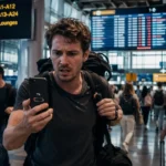 Travel preparation mistake showing stressed traveler rushing in airport with low phone battery
