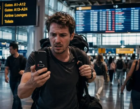 Travel preparation mistake showing stressed traveler rushing in airport with low phone battery