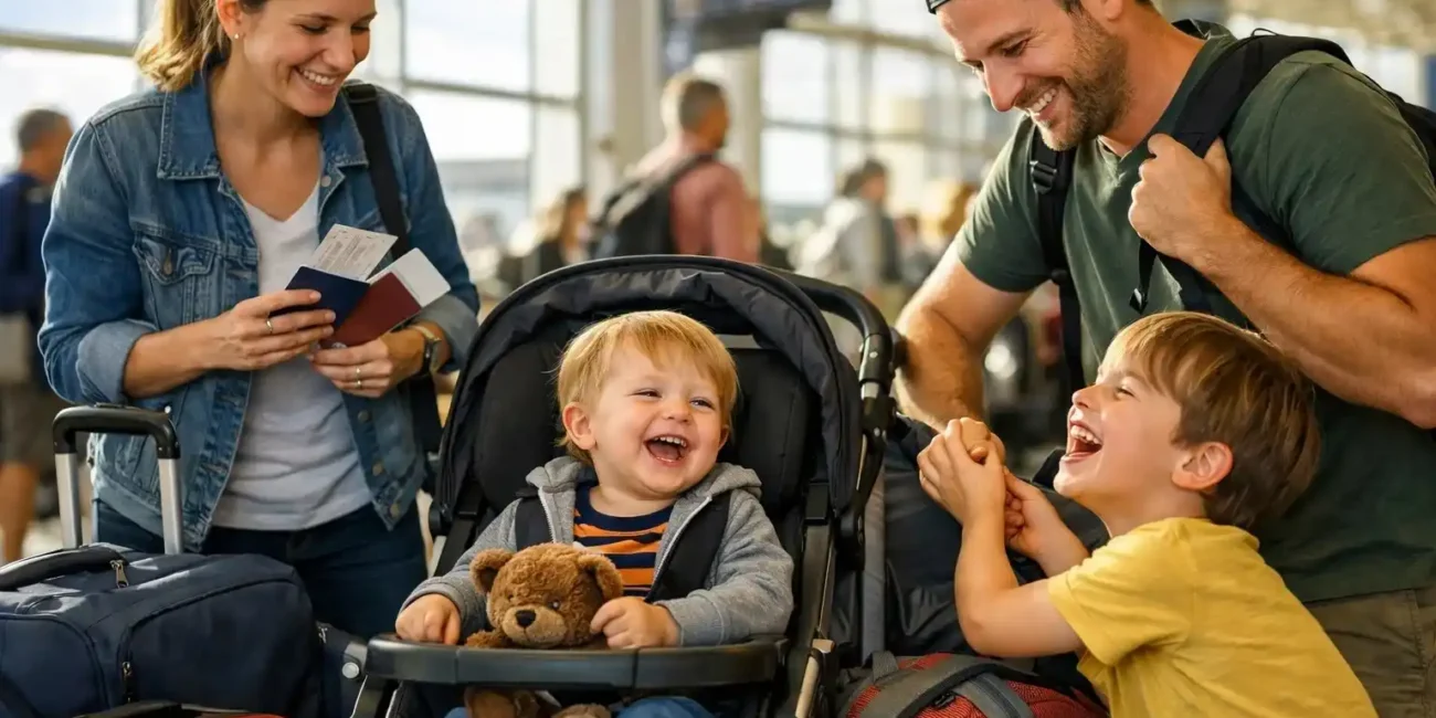 Traveling with kids showing a real family travel moment with joyful chaos and candid emotions