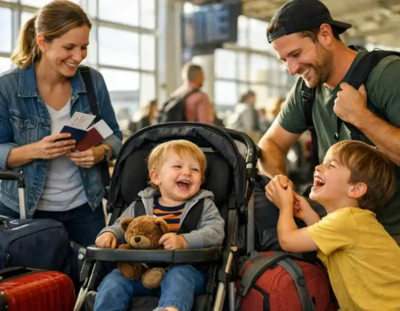 Traveling with kids showing a real family travel moment with joyful chaos and candid emotions