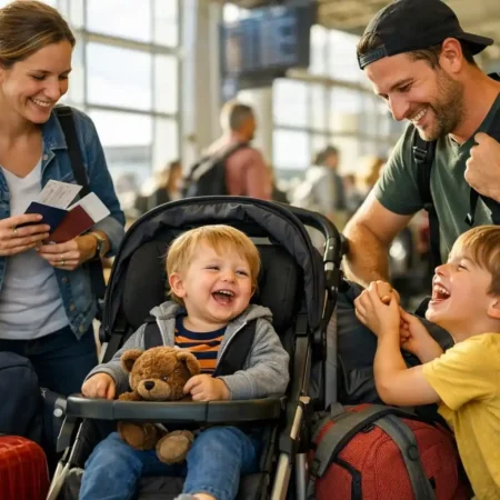 Traveling with kids showing a real family travel moment with joyful chaos and candid emotions