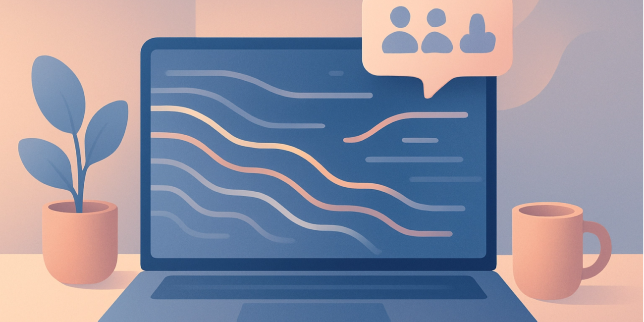 Minimalist illustration of a laptop displaying flowing code lines, representing vibe coding, focus, and modern startup workflows