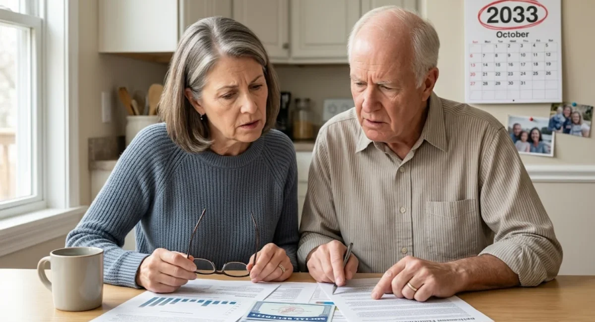 Senior couple reviewing papers and deciding whether to claim Social Security early before the 2033 funding cut
