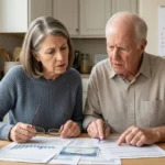 Senior couple reviewing papers and deciding whether to claim Social Security early before the 2033 funding cut