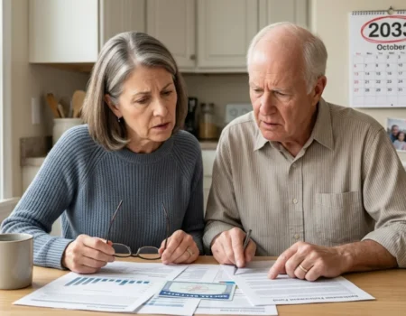 Senior couple reviewing papers and deciding whether to claim Social Security early before the 2033 funding cut