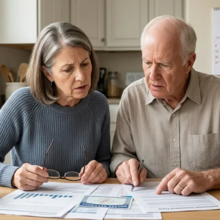 Senior couple reviewing papers and deciding whether to claim Social Security early before the 2033 funding cut