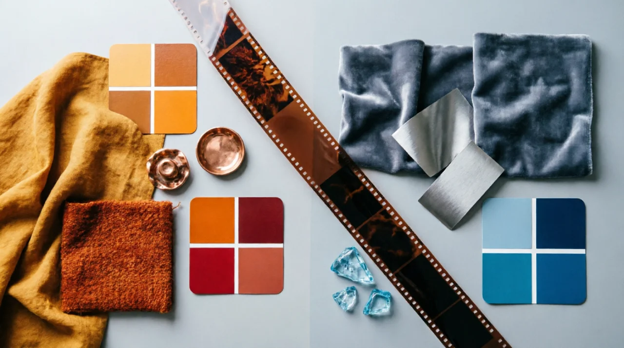 A cinematic color palette mood board showing warm golden tones versus cold blue tones illustrating how color is used as a storytelling tool in films