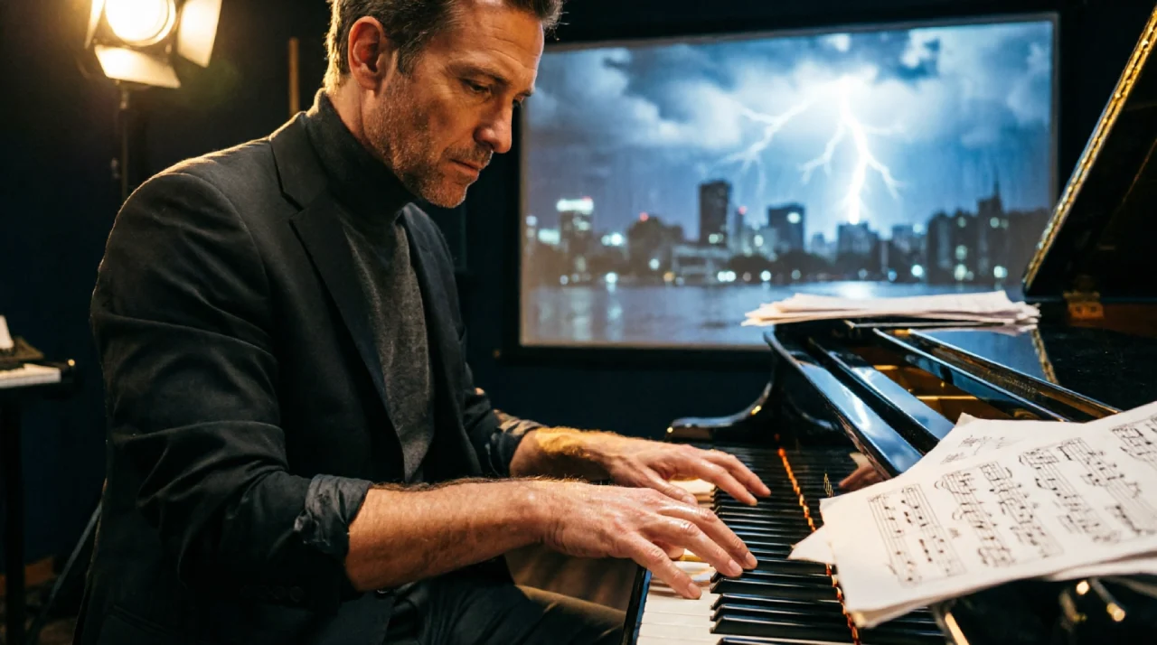 A film composer playing piano with musical score sheets and a glowing cinema screen in the background representing the role of sound in storytelling