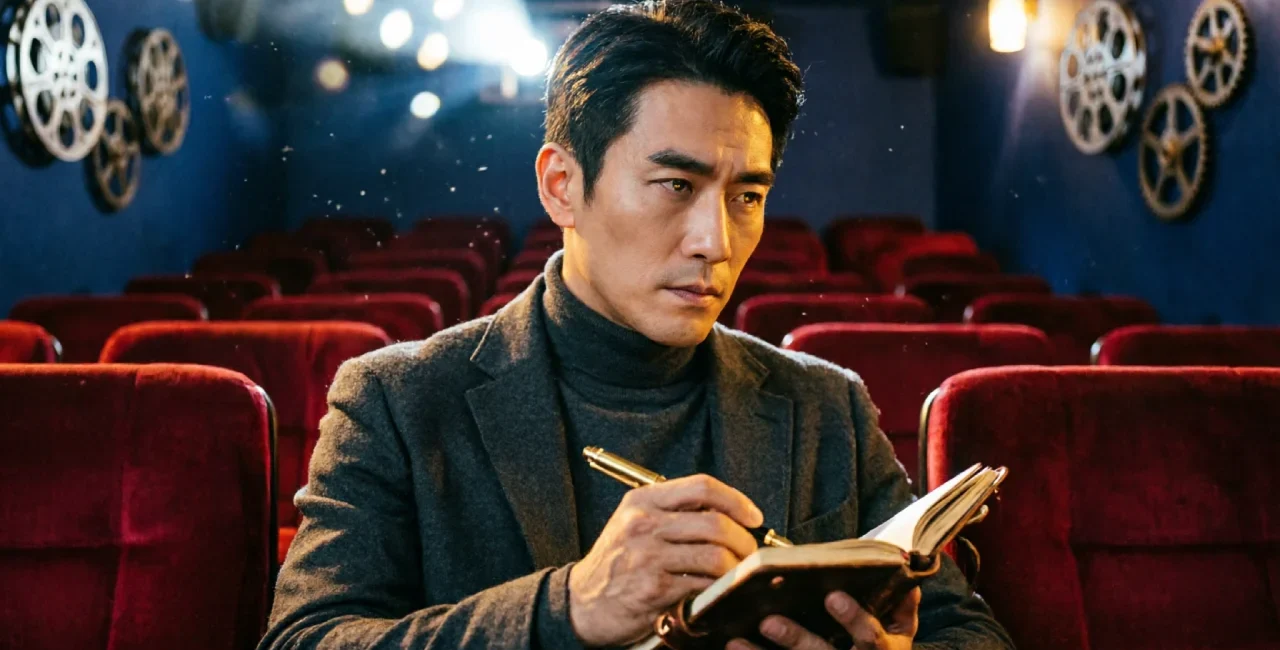 A person watching a movie in a dark theater with a notepad, learning to think like a film critic