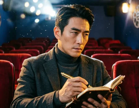 A person watching a movie in a dark theater with a notepad, learning to think like a film critic