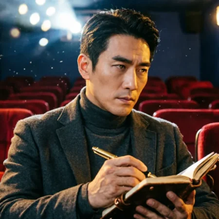 A person watching a movie in a dark theater with a notepad, learning to think like a film critic