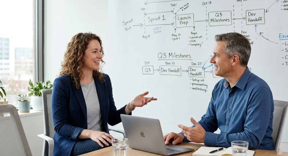 IT project manager interviews — candidate answering scenario-based questions in a modern office