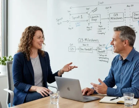 IT project manager interviews — candidate answering scenario-based questions in a modern office