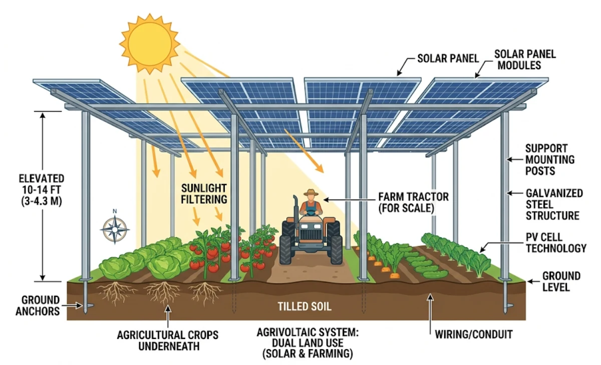 Diagram showing how an agrivoltaic system works, with elevated solar panels above crops and a tractor passing beneath on a farm