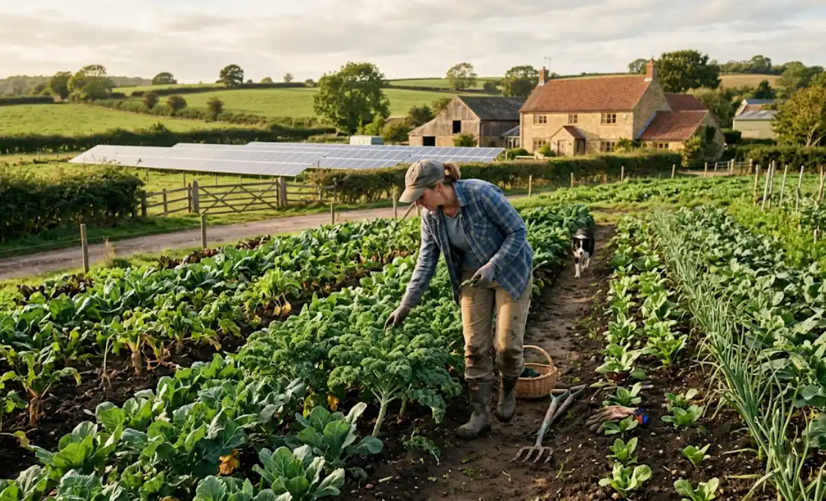 Farmer walking through a small farm with solar panels installed in the background, representing agrivoltaics for small farms and dual-use land management
