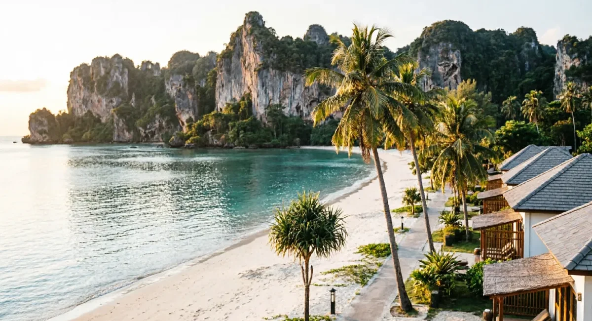 Scenic view of Ao Nang Beach with limestone karsts, turquoise water, and beachfront resorts in Krabi Thailand